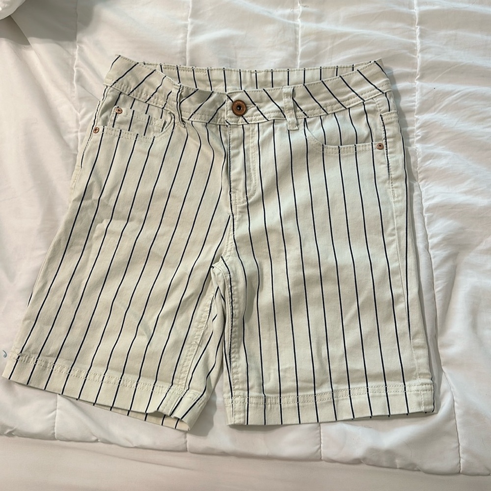 OBR Denim Jean shorts (almost knee length), size 34, navy stripes on off-white
